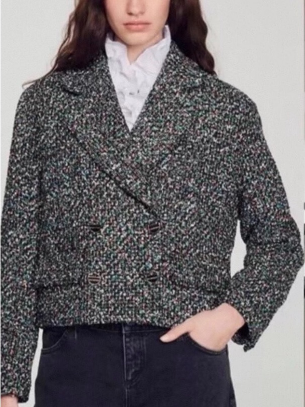 Sandro Womens Cropped Tweed Double-Breasted Jacket - Black Multicolor set